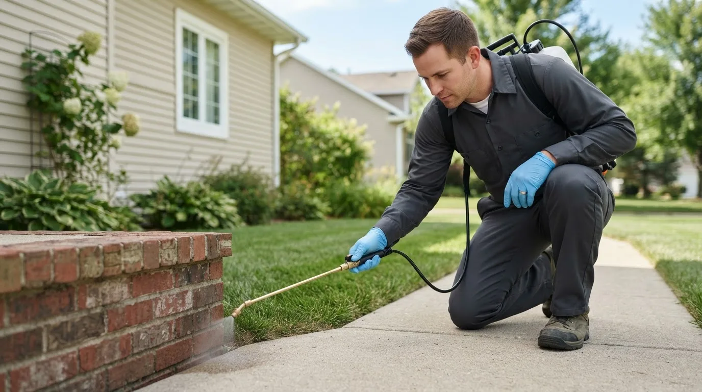 Pest control technician treating a home near Idlewild, MI