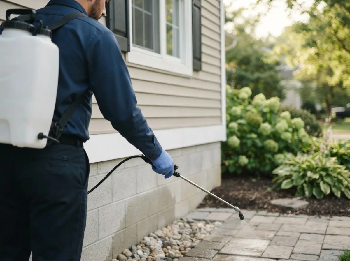 Pest control technician inspecting a home in Idlewild, MI